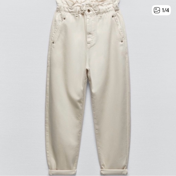 Zara High-Waisted Paper Bag Jeans Pants Like New 6 Ecru Mango - Picture 5 of 16